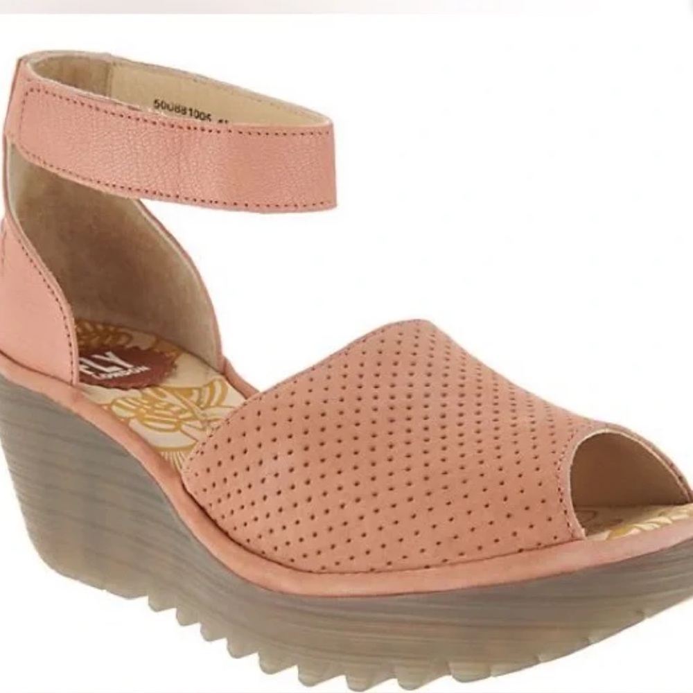 Fly London Peach Pink Perforated Ankle-Strap Wedge Sandals